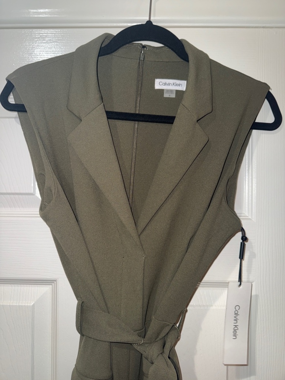 Calvin Klein Olive Green Sleeveless Belted Jumpsuit